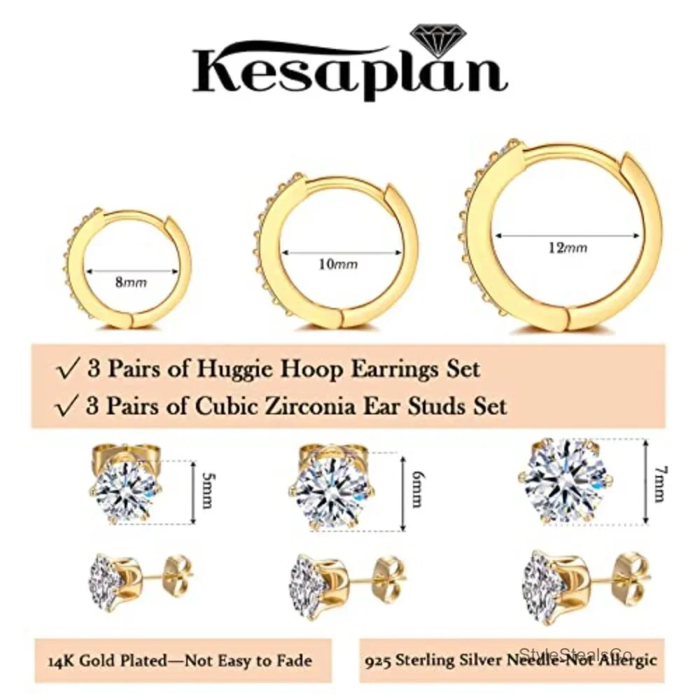 14K Gold Plated Hypoallergenic Hoop & Stud Earrings Set, 8-12mm